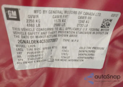 2012 Chevrolet Equinox 1Lt из США, поврежденный, VIN 2GNALDEK4C6307087